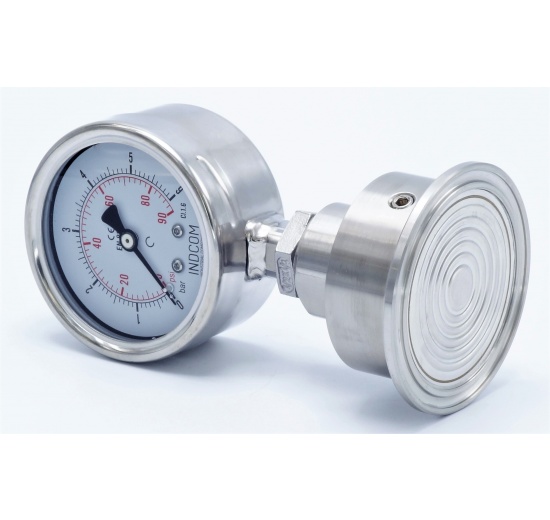 Manomètre tout acier inoxydable, cadran 63 mm, avec membrane de séparation-CLAMP DIN 32676, collier 64 mm | 0-6 bar, (CLAMP-64 mm)