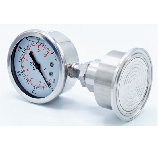 Manomètre tout acier inoxydable, cadran 63 mm, avec membrane de séparation-CLAMP DIN 32676, collier 64 mm 0-1 bar, (CLAMP-64 mm)