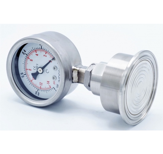 Manomètre tout acier inoxydable, cadran 63 mm, avec membrane de séparation-CLAMP DIN 32676, collier 64 mm   -1 à 0 bar, (CLAMP-64 mm)