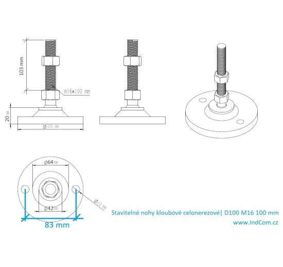 Pieds en acier inoxydable, réglables en hauteur, avec articulation| D100 M16 100 mm