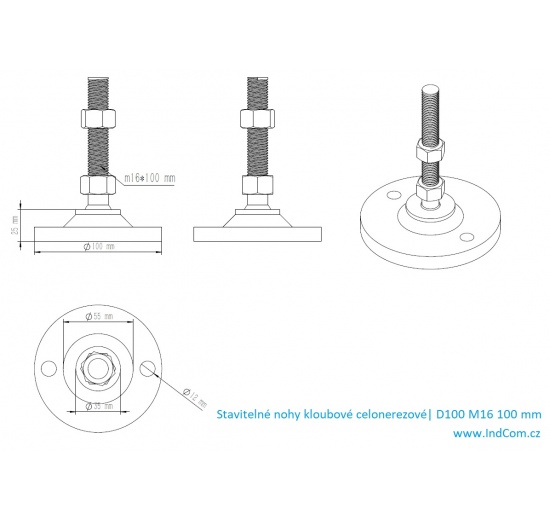 Pieds en acier inoxydable, réglables en hauteur, avec articulation| D100 M16 100 mm