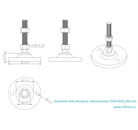 Pieds en acier inoxydable, réglables en hauteur, avec articulation| D100 M20 100 mm