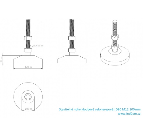 Pieds en acier inoxydable, réglables en hauteur, avec articulation D80 M12 100 mm