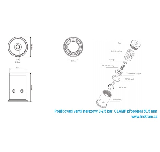Pojišťovací ventil nerezový 0-2,5 bar_CLAMP připojení 50.5 mm_rozměry