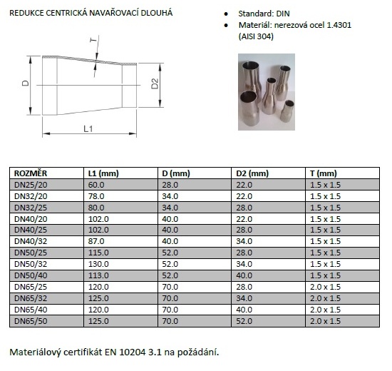 Réductions concentriques, à souder S-S, longues DN 40/25