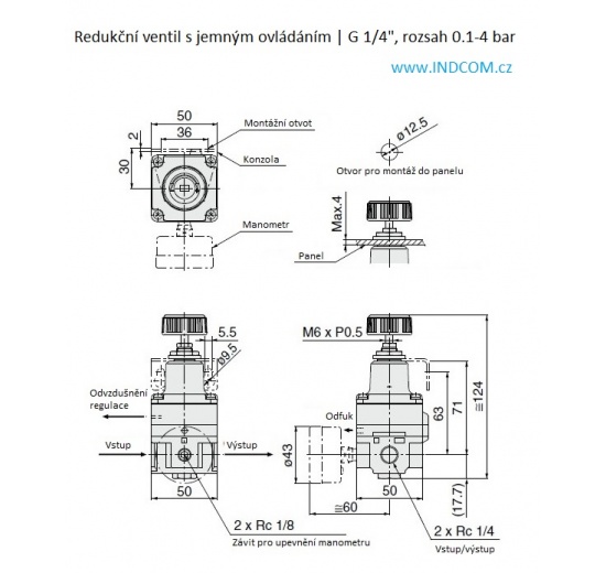 Redukční ventil s jemnou regulací G 1/4"   rozsah 0.1-4 bar