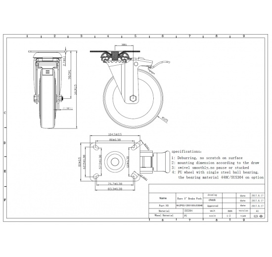 Roulettes de transport, pivotantes, acier inoxydables, diamètre 125 mm, avec frein