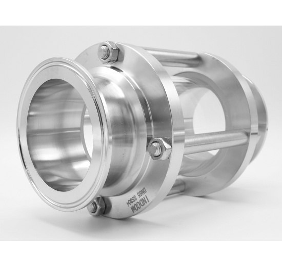 Sanitaire verre de viséur droit, inox, Clamp C-C, court | DN65 (collier 91mm)