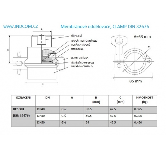 séparateurs à membrane avec raccordement clamp - dimensions