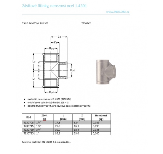 T pièce de filetage type 307