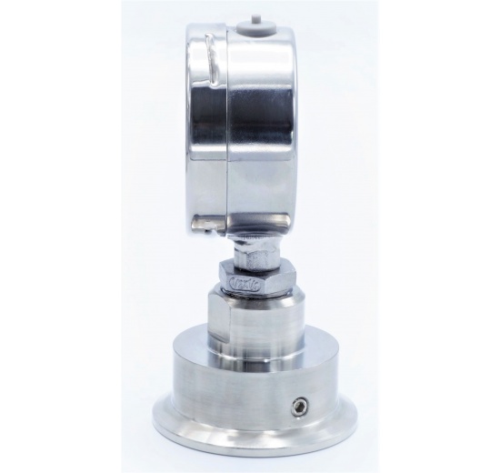 tlakoměr celonerezový s oddělovací membránou, číselník 63 mm, clamp límeček 64 mm, rozsah měření 0-4 bary