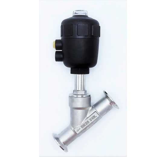 Vanne à commande pneumatique avec siège incliné à 45°, collier de serrage