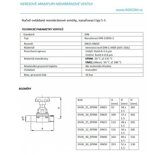 Vanne à membrane, type de soudage S-S, EPDM