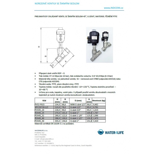 Vanne pneumatique avec le siège incliné-45°, G-filetage, Matériau du joint PTFE