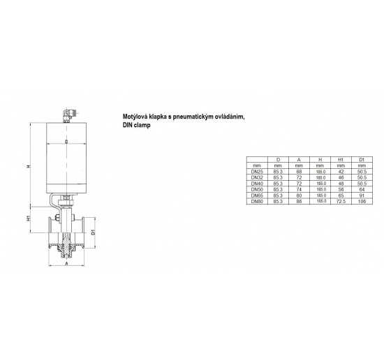 Vannes papillon pneumatiques, en inox, DIN mâle x mâle