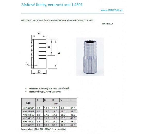 varné hadicové nástavce, typ 337S_katalogový list